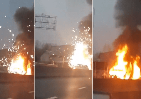 O autoutilitară a ars ca o torță pe DN 1B, la Bucov. VIDEO
