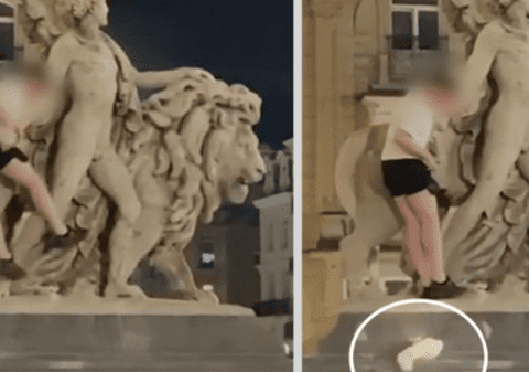 Momentul în care statuia din fața Bursei din Bruxelles este distrusă de un turist beat care se cațără pe ea