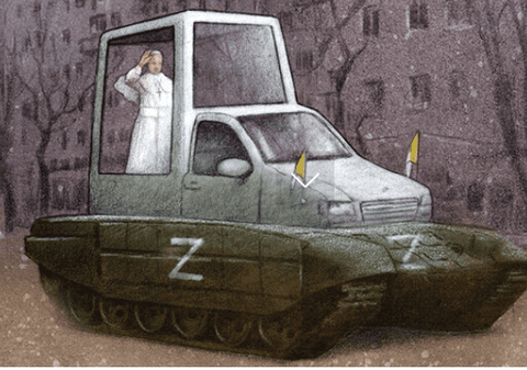 Papa Francisc, pe un tanc inscripționat cu litera Z - desen pe coperta unui săptămânal din Polonia. „Cuvinte scandaloase”