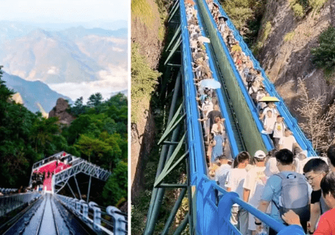 „Alpinism fără dureri musculare” sau „moartea drumețiilor”? Chinezii au montat scări rulante către vârful muntelui Tianyu