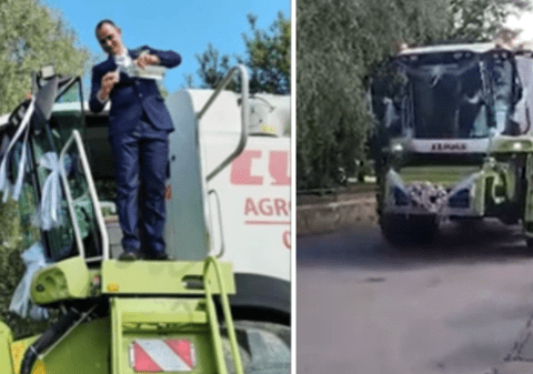 „Cu ea ne câștigăm pâinea”. Un cuplu a venit la nuntă într-o combină, în Slovacia