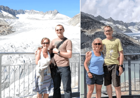 Doi turiști britanici au refăcut o fotografie după 15 ani, în Elveția: „Am început să plângem. Unde a dispărut ghețarul?”