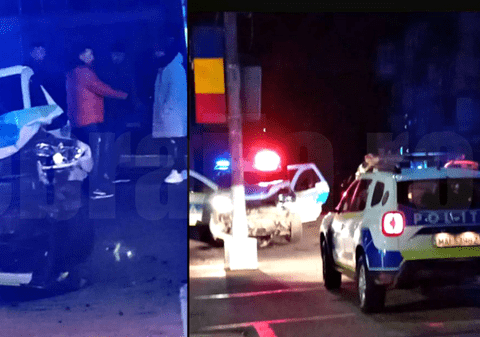Autospecială IPJ Brăila, lovită de un șofer și aruncată într-un stâlp. Mașina de poliție ducea la spital un bărbat prins băut la volan