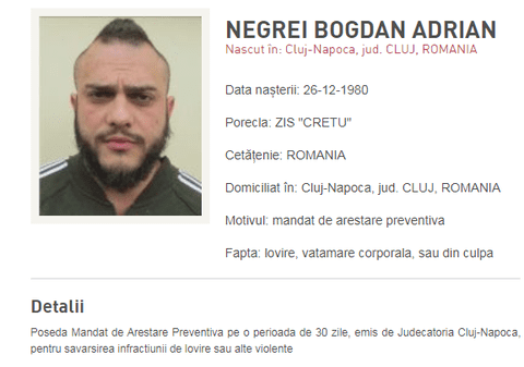 Interlopul clujean „Crețu”, zis și „Spaima Ardealului”, dat în urmărire. Bogdan Negrei a mai făcut închisoare, după ce a incendiat o femeie ce refuzase să-i plătească taxă de protecție
