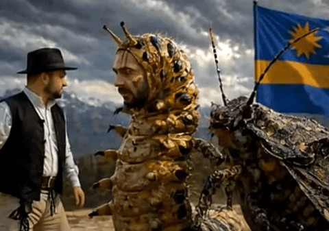 Bătălie AI între jurnaliștii maghiari din Ardeal, după înfrângerea lui Viktor Orban: insectă cu sigla partidului Tisza și omida cu chip de om