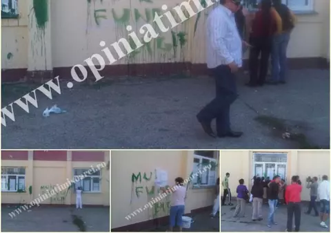 "Mu..e, Funeriu!", înjurături cu vopsea apărute pe pereţii unui liceu din Timişoara 