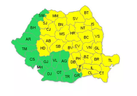 COD GALBEN de PLOI şi VIJELII în nordul, centrul, estul ţării şi zonele de munte