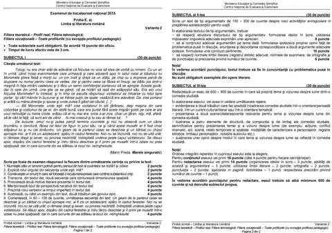 BACALAUREAT 2015- MODELE de SUBIECTE și BAREM DE CORECTARE