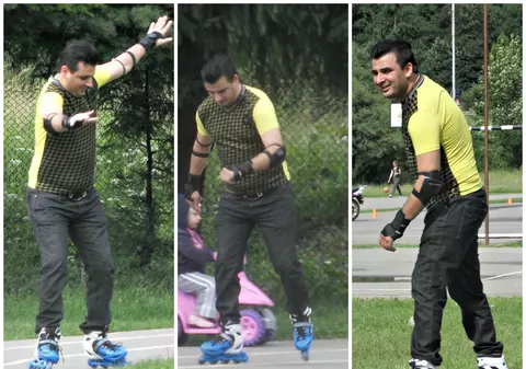 Încurajat de copiii săi, manelistul Liviu Guță o arde cu rolele prin parc!