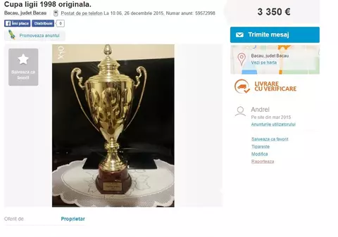 FCM Bacău, club desființat în 2012, își vinde Cupa Ligii, ^singurul tofeu din istorie, pe un site de anunțuri / VIDEO