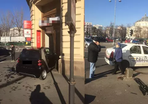 Accident inedit în Capitală. O șoferiță „s-a înfipt” cu mașina în ușa unei bănci