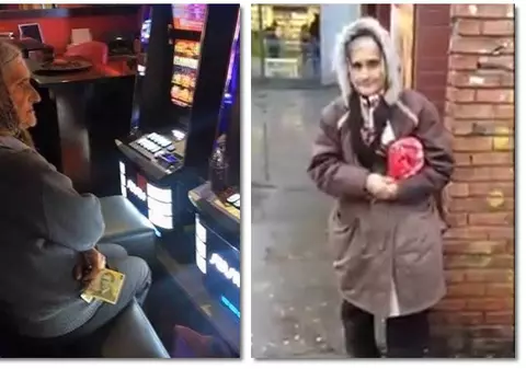 O bătrâna care cerşeşte în Timişoara, surprinsă băgând banii la păcănele şi la cofetărie!