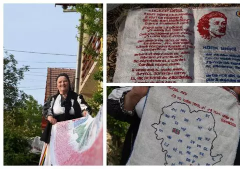 GALERIE FOTO/ Din dragoste pentru Eminescu. A stat trei ani să coasă versurile poeziei «Luceafărul» pe o pânză de șapte metri lungime