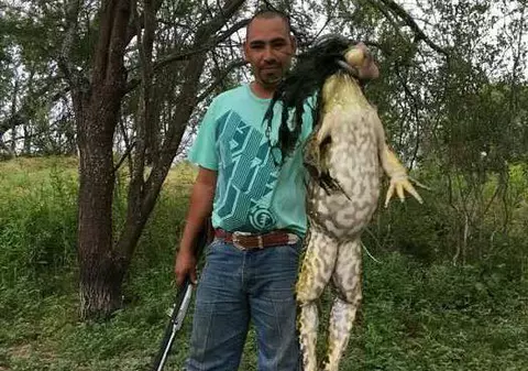 Adevărat sau fals? Un american se laudă că a prins o broască mare cât un câine! "Nu e Photoshop, dar nici nu este atât de mare"