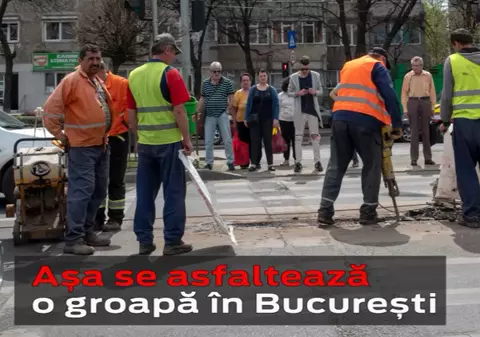 Așa asfaltează 6 muncitori o groapă de pe bulevardul Iuliu Maniu