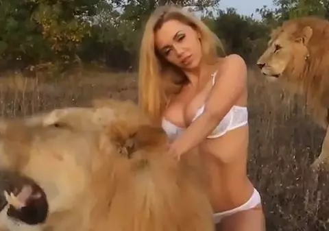 O actriță porno s-a pozat aproape goală între doi lei: ”Am crezut că o s-o devoreze” | VIDEO