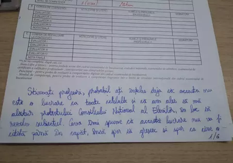 Mesajul de șase pagini transmis de o elevă în simularea de la BAC: „Am decis să protestez; nu mai vreau să se facă modificări în timpul anului școlar și să mă afecteze”
