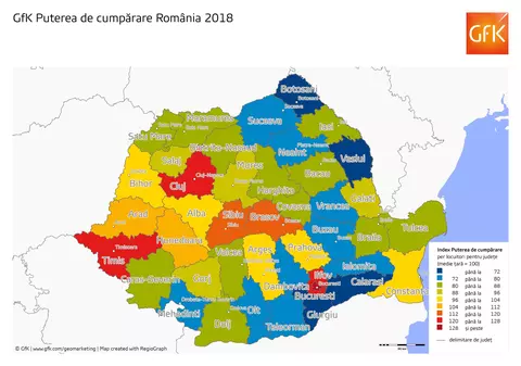 Studiu: Puterea de cumpărare a românilor a crescut în 2018, dar și diferențele între regiuni. Cum arată harta dezvoltării României