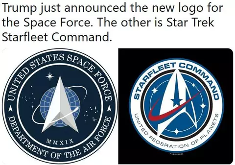 Logo-ul oficial al Forțelor Militare Spațiale, ironizat pentru că seamnă cu cel din Star Trek