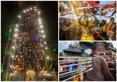 Imagini impresionante de la cel mai mare festival religios din Malaezia! Zeul hindus al războiului, celebrat cu țepușe de argint trecute prin obraji și kilograme de fructe agățate de piele cu cârlige!