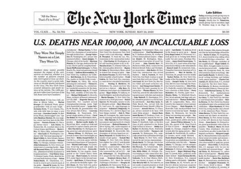 Prima pagină a ziarului New York Times, doar cu numele și descrierea persoanelor decedate din cauza COVID-19. „O pierdere incalculabilă”