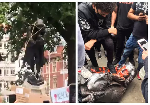 Proteste în Marea Britanie. Statuia unui comerciant de sclavi, dată jos de pe soclu şi călcată în picioare