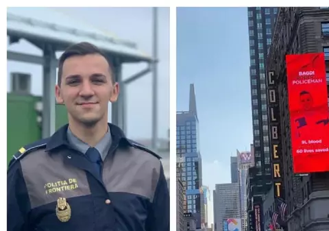 Fotografia unui polițist de frontieră român, afișată în Times Square din New York. La numai 23 de ani, Robert a salvat 90 de vieți