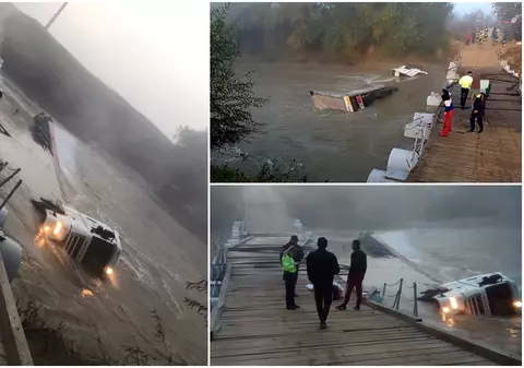 Un TIR a căzut în râul Ialomița de pe podul de pontoane de la Poiana