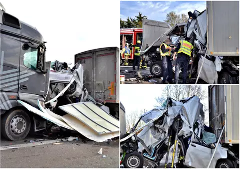 Două camionete făcute ghem între două TIR-uri. Pompierii și polițiștii abia i-au găsit printre fiare pe șoferii morți, în Germania