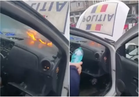 Mașina poliției a luat foc în centrul Bucureștiului, un agent stinge focul cu sticla de apă de 0,5 l: „Ia foaia de parcurs Pepenică”