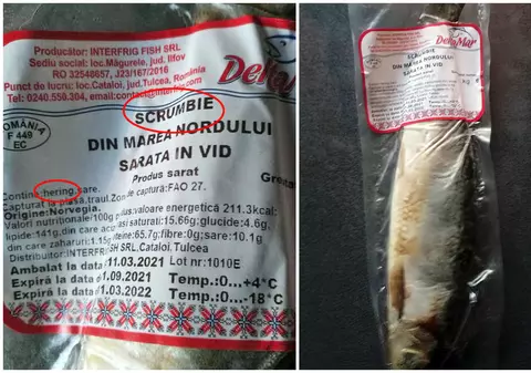 Minciuna de pe etichetă. O firmă vinde heringi congelați cu etichetă de scrumbie, care e mult mai scumpă.  Protecția Consumatorilor a oprit temporar produsul de la comercializare