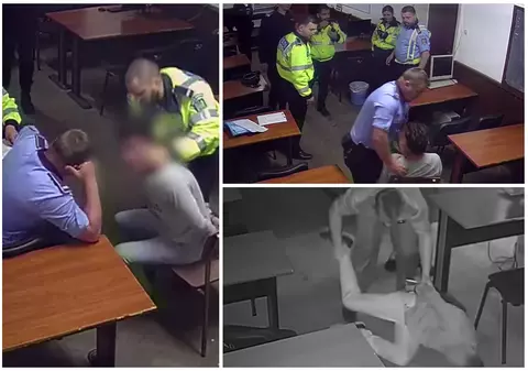 Polițiști filmați în Secția 16 când lovesc și strâng de gât un bărbat încătușat, în 2018. Trei dintre ei, arestați joi în alt caz de tortură