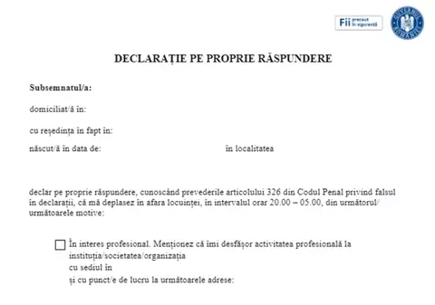 MODEL de DECLARAȚIE pe PROPRIA RĂSPUNDERE. Cum arată și în ce condiții mai aveți voie să ieșiți din casă după ora 20.00 fără să fiți amendat