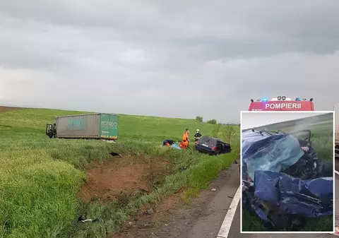VIDEO | Patru morți în Brașov, într-o mașină distrusă în impactul cu un TIR. Camionul a ajuns pe câmp