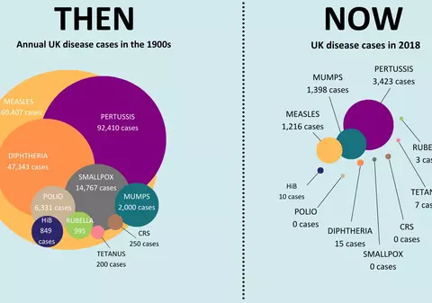 Graficul care arată cum s-a schimbat răspândirea unor boli după apariția vaccinurilor