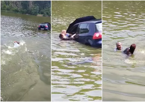Un polițist local din Iași s-a aruncat în apă după o femeie care a intrat cu mașina într-un lac. Filmul salvării