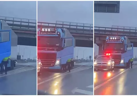 VIDEO | Polițist filmat în timp ce amenință cu pistolul un șofer de TIR tras pe dreapta. IPJ Arad anunță verificări