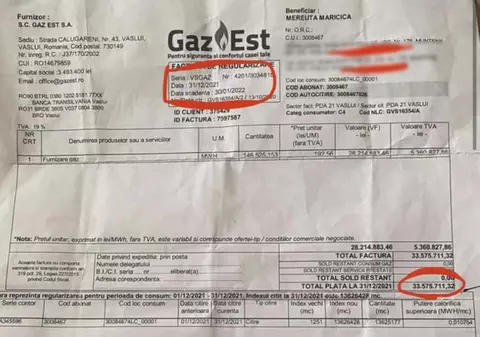 Factură la gaze de aproape 7 milioane de euro primită de o femeie de 70 de ani din Vaslui