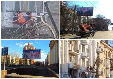 FOTO/VIDEO | În Donețk se arborează steagul Rusiei la balcoane și apar panouri publicitare cu îndemnuri la luptă