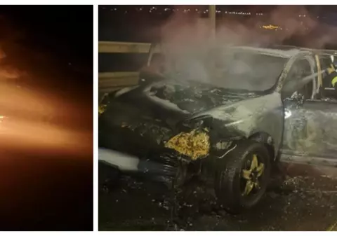 O maşină a fost cuprinsă de flăcări, pe o șosea din Suceava, din cauza unui scurtcircuit