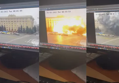 VIDEO | Momentul în care rachetele ruse lovesc o clădire guvernamentală din Harkov