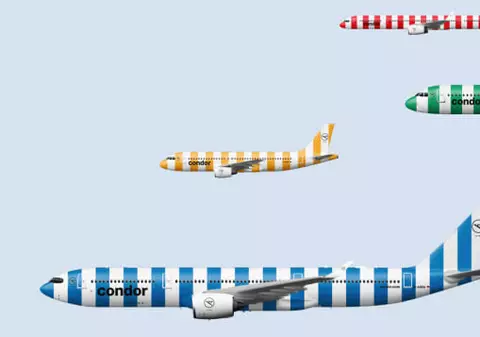 Avioane ca niște bomboane colorate. O companie aeriană din Germania își vopsește întreaga flotă în dungi roșii, galbene, verzi sau albastre