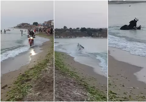 A căzut cu tot cu motocicletă într-o groapă de pe plajă, sub ochii a sute de turiști care priveau răsăritul, la Vama Veche | VIDEO