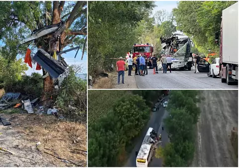 Imagini teribile cu autocarul românesc implicat în accident în Bulgaria. Bucăți din vehicul au rămas agățate de un copac