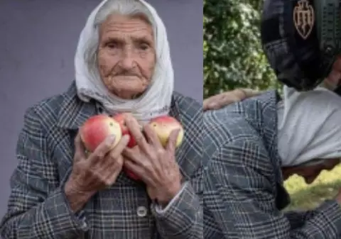 Imagini emoționante cu bunica Paraska, supraviețuitoare a celui de-Al Doilea Război Mondial, care le oferă mere soldaților ucraineni care au eliberat teritoriul de ruși