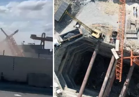 Momentul în care o macara se răstoarnă și se rupe în două în timpul lucrărilor de la metroul din Istanbul a fost filmat. Doi muncitori au murit