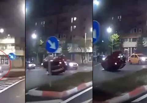 Momentul în care o mașină se răstoarnă după ce este lovită în plin de un taxi, la Sibiu, filmat de o cameră de bord