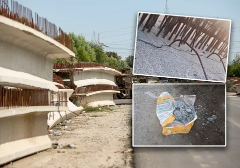 Grinzile pentru podul către A2 lăsate pe câmp de compania primarului Negoiță, pregătite să fie montate: Mortar prin crăpături și rugină scoasă cu peria de sârmă