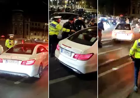 Imagini incredibile: un șofer demarează în trombă de lângă Poliție și patru jandarmi care nu reușesc să-l scoată din mașină, în centrul Bucureștiului