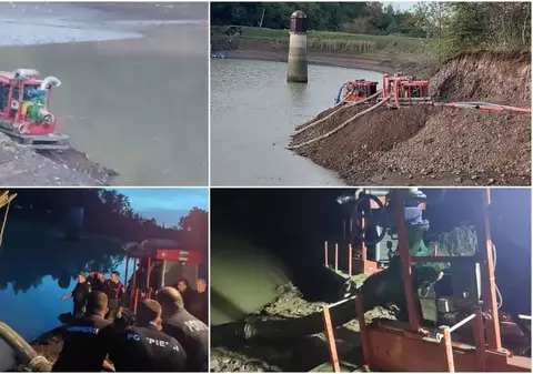 FOTO: Intervenția la barajul lacului Tăul Mare din Roșia Montană continuă. Cu cât a scăzut nivelul apei